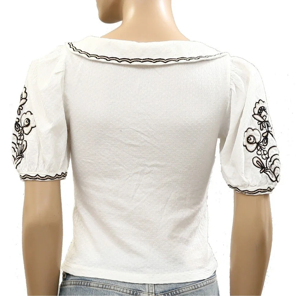 By Anthropologie Embroidered Button-Front Collared Blouse Top White XXS 286640